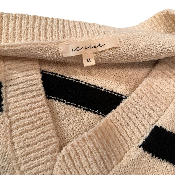 Et Clet Cream Black Striped V Neck Sleeveless Cropped Soft Sweater Vest Medium - Picture 3 of 7